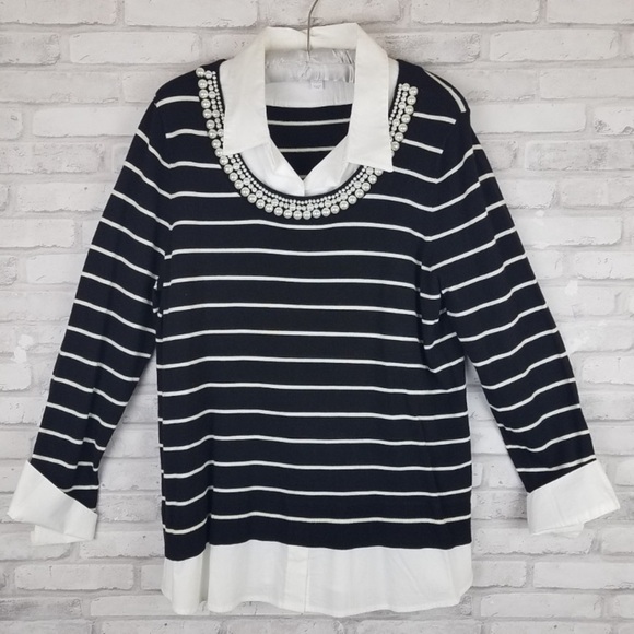 CHARTER CLUB imitation Striped Pearl Embellished Sweater size MP elegant classic - Picture 2 of 10